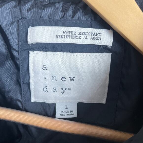 A New Day Black Trench Coat Black Lightweight Puffer Button Jacket Large - Picture 3 of 5